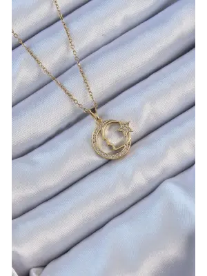  Zincir Altın  Zirkon Taşlı Ay Yıldız Simgeli Atatürk Çelik Kolye