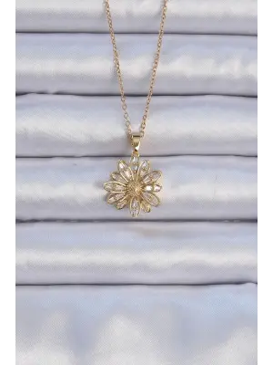  Zincir Altın  Zirkon Taşlı Çiçek Çelik Kolye
