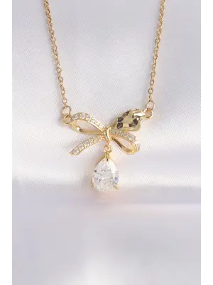  Zincir Altın  Zirkon Taşlı Damla Detay Fiyonk Çelik Kolye