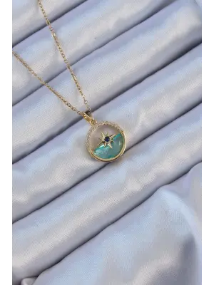  Zincir Altın  Zirkon Taşlı Deniz Görünüm Kutup Yıldızı Çelik Kolye