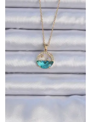  Zincir Altın  Zirkon Taşlı Deniz Görünümlü Ay Yıldız Çelik Kolye