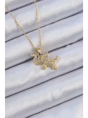  Zincir Altın  Zirkon Taşlı Fil Çelik Kolye