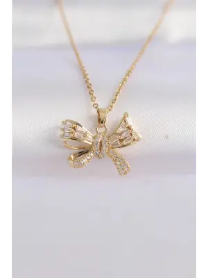  Zincir Altın  Zirkon Taşlı Fiyonk Çelik Kolye