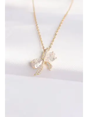  Zincir Altın  Zirkon Taşlı Fiyonk Çelik Kolye