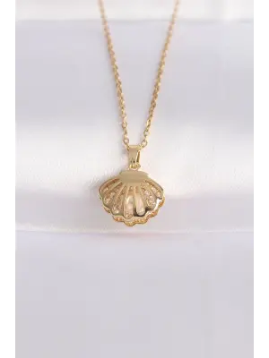  Zincir Altın  Zirkon Taşlı İnci Detay İstiridye Çelik Kolye