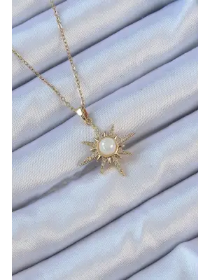  Zincir Altın  Zirkon Taşlı İnci Detay Kutup Yıldızı Çelik Kolye