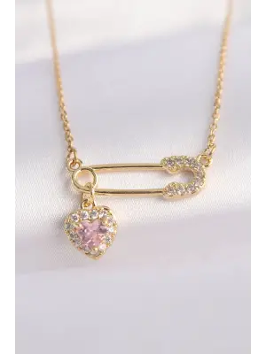  Zincir Altın  Zirkon Taşlı Kalp Detay Çengelli İğne Tasarımlı Çelik Kolye