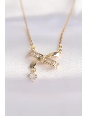  Zincir Altın  Zirkon Taşlı Kalp Detay Fiyonk Çelik Kolye