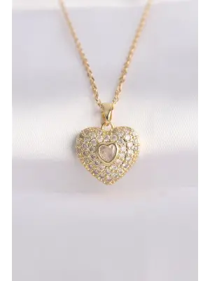  Zincir Altın  Zirkon Taşlı Kalp Çelik Kolye