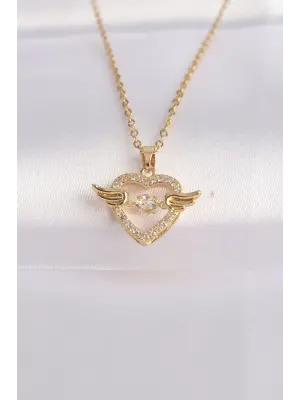  Zincir Altın  Zirkon Taşlı Kanatlı Kalp Çelik Kolye