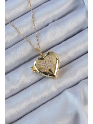  Zincir Altın  Zirkon Taşlı Kelebek Desenli İçi Açılan Bombeli Kalp Çelik Kolye