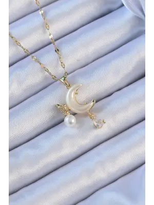  Zincir Altın  Zirkon Taşlı Kelebekli Mineli Ay Çelik Kolye