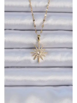  Zincir Altın  Zirkon Taşlı Kutup Yıldızı Çelik Kolye