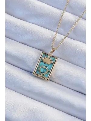  Zincir Altın  Zirkon Taşlı Mavi Mermer Desenli Taç Model Tarot Çelik Kolye