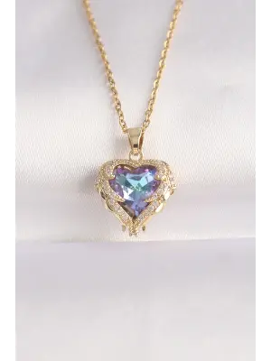  Zincir Altın  Zirkon Taşlı Mavi Mor li Kalp Figür Çelik Kolye
