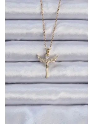  Zincir Altın  Zirkon Taşlı Melek Çelik Kolye