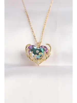  Zincir Altın  Zirkon Taşlı Mor li Kalp Figür Çelik Kolye