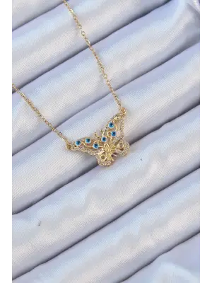  Zincir Altın  Zirkon Taşlı Nazarlı Kelebek Çelik Kolye