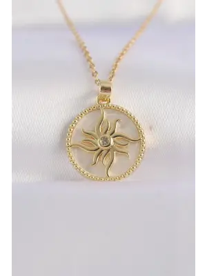  Zincir Altın  Zirkon Taşlı Oval Tasarım Güneş Çelik Kolye