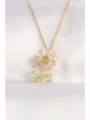  Zincir Altın  Zirkon Taşlı Papatya Tasarımlı Çelik Kolye