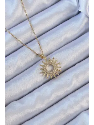  Zincir Altın  Zirkon Taşlı Parlayan Güneş Çelik Kolye