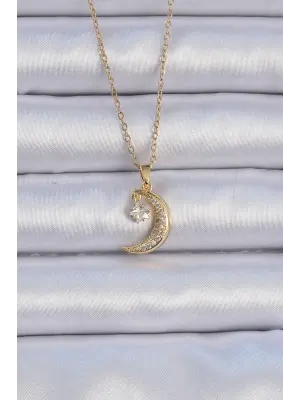  Zincir Altın  Zirkon Taşlı Sallantılı Ay Yıldız Çelik Kolye