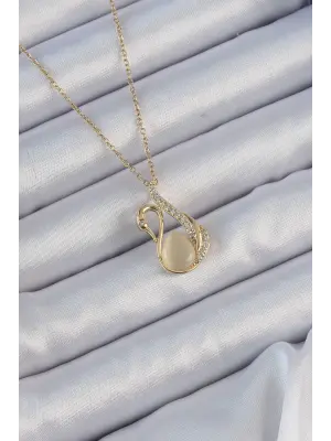  Zincir Altın  Zirkon Taşlı Sedefli Kuğu Çelik Kolye