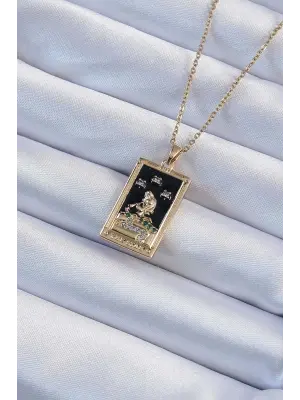  Zincir Altın  Zirkon Taşlı Siyah Mineli Kız Figürlü Tarot Çelik Kolye