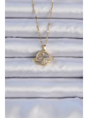  Zincir Altın  Zirkon Taşlı Yıldızlı Satürn Çelik Kolye