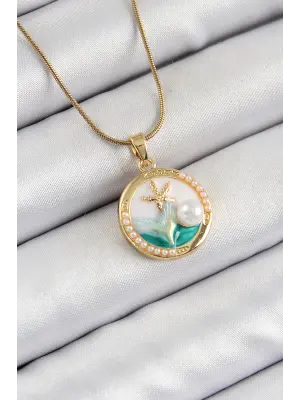 316L Çelik Zincir Beyaz Mineli Sanatsal Portre İnci Detaylı Deniz Yılıdızı Model Gold Renk Kadın Kolye