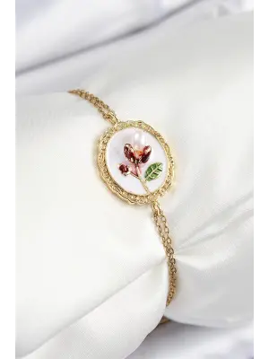 316L Çelik Zincir Beyaz Mineli Sanatsal Portre İnci Detaylı Lale Model Gold Renk Kadın Bileklik