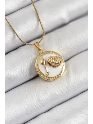 316L Çelik Zincir Beyaz Mineli Sanatsal Portre İstiridye Model Gold Renk Kadın Kolye