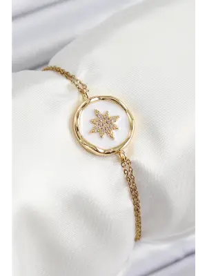 316L Çelik Zincir Beyaz Mineli Sanatsal Portre Kuzey Yıldızı Model Gold Renk Kadın Bileklik