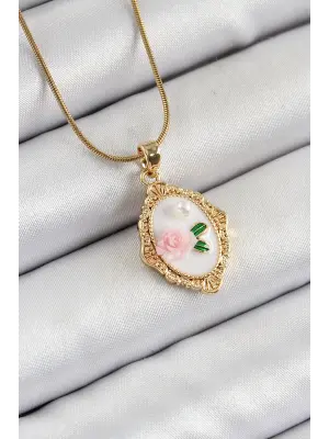 316L Çelik Zincir Beyaz Sanatsal Portre İnci Detaylı Gül Figürlü Model Gold Renk Kadın Kolye