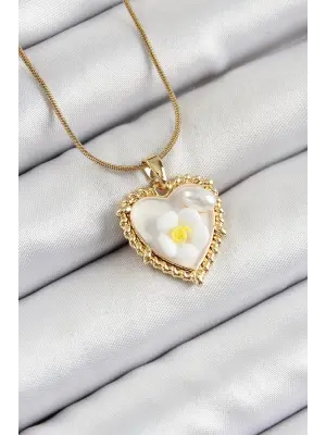 316L Çelik Zincir Beyaz Sanatsal Portre İnci Detaylı Papatya Figürlü Kalp Model Gold Renk Kadın Kolye