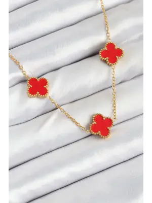 316L Çelik Zincir Gold Kırmızı Renk Yonca Kadın Kolye
