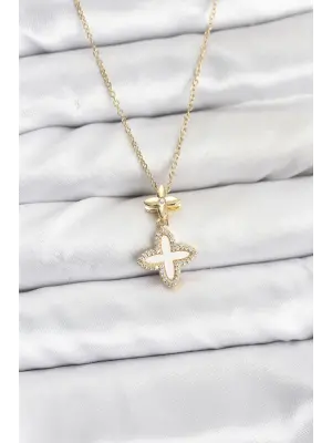 316L Çelik Zincir Gold Renk 4 Yapraklı Yonca Model Zirkon Taşlı Kadın Kolye