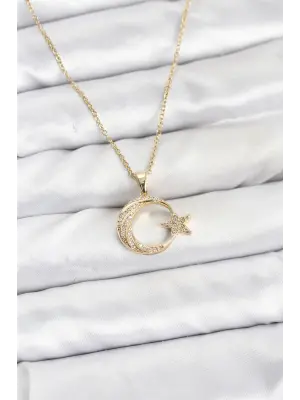 316L Çelik Zincir Gold Renk Ay Yıldız Model Zirkon Taşlı Kadın Kolye