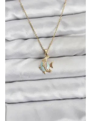 316L Çelik Zincir Gold Renk Balık Model Zirkon Taşlı Kadın Kolye