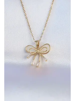  Zincir Altın  Beyaz Mineli 2li Görünüm Fiyonk Çelik Kolye