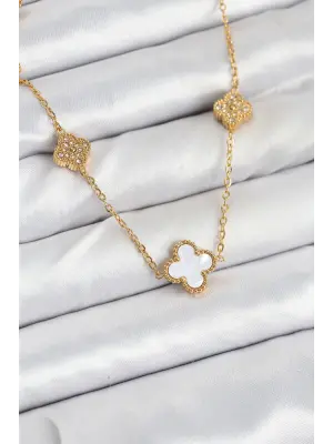 316L Çelik Zincir Gold Renk Beyaz ve Zirkon Taşlı Yonca Kadın Kolye