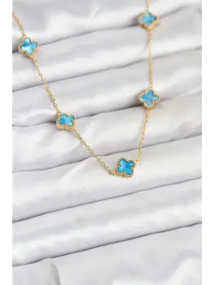 316L Çelik Zincir Gold Renk Buz Mavisi Baby Boy Yonca Kadın Kolye