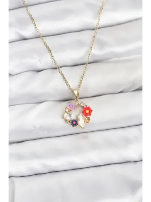 316L Çelik Zincir Gold Renk Çiçekli Kedili Model Kadın Kolye