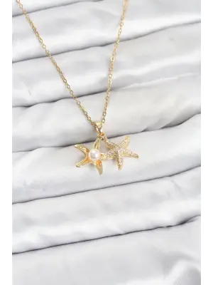 316L Çelik Zincir Gold Renk Deniz Yıldızı Model Zirkon Taşlı Kadın Kolye