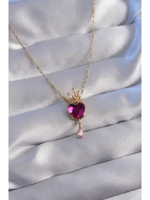  Zincir Altın  Fuşya Zirkon Taşlı Damla Detay Rapunzel Model Çelik Kolye