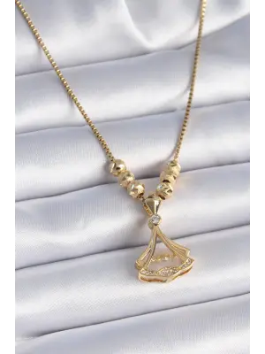  Zincir Altın  Gingko Yaprağı Model Zirkon Taşlı  Çelik Kolye