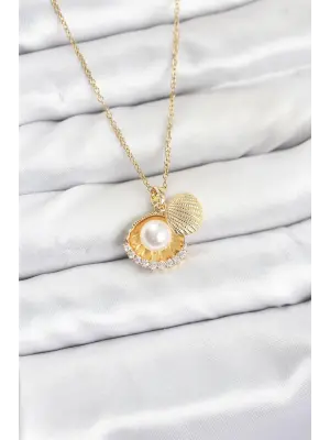 316L Çelik Zincir Gold Renk İncili Deniz Kabuğu Model Zirkon Taşlı Kadın Kolye