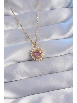  Zincir Altın  İncili Pembe Zirkon Taşlı Kalp Çelik Kolye