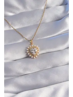  Zincir Altın  İncili Zirkon Taşlı Kalp Tasarımlı Çelik Kolye