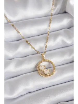  Zincir Altın  İşleme Detay Halka Kalp Model  Çelik Kolye